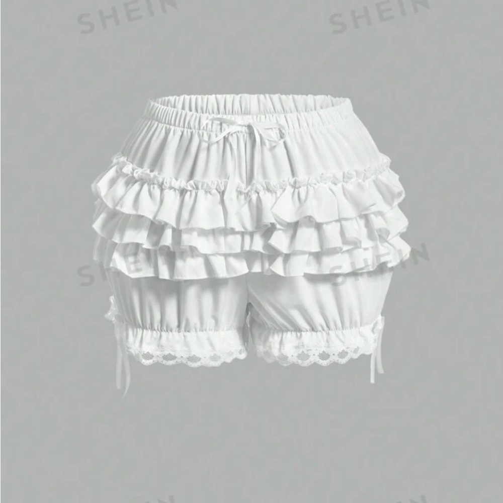SHEIN - ROMWE Kawaii Women's Solid Color Patchwork Multi-Layer Ruffle Hem Shorts